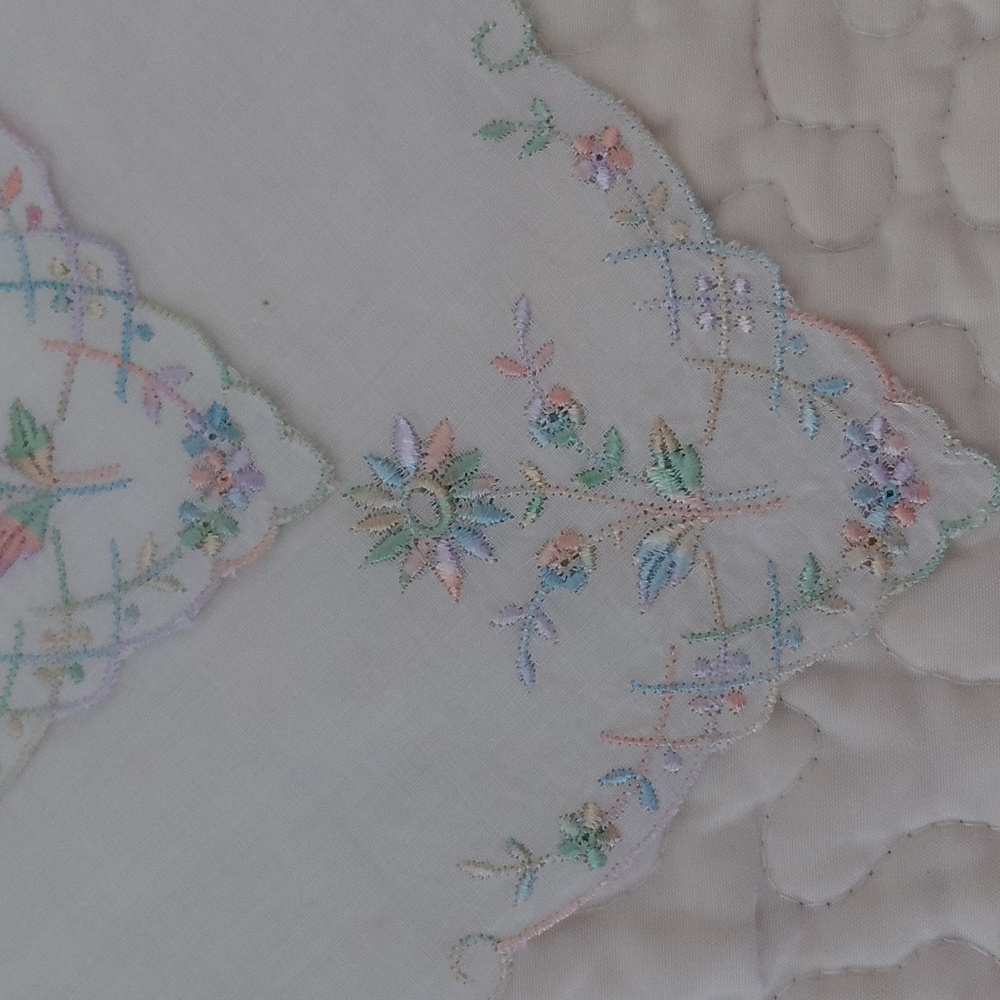 Trio of Pastel Rainbow Embroidered White Handkerchiefs - Picture 2 of 7